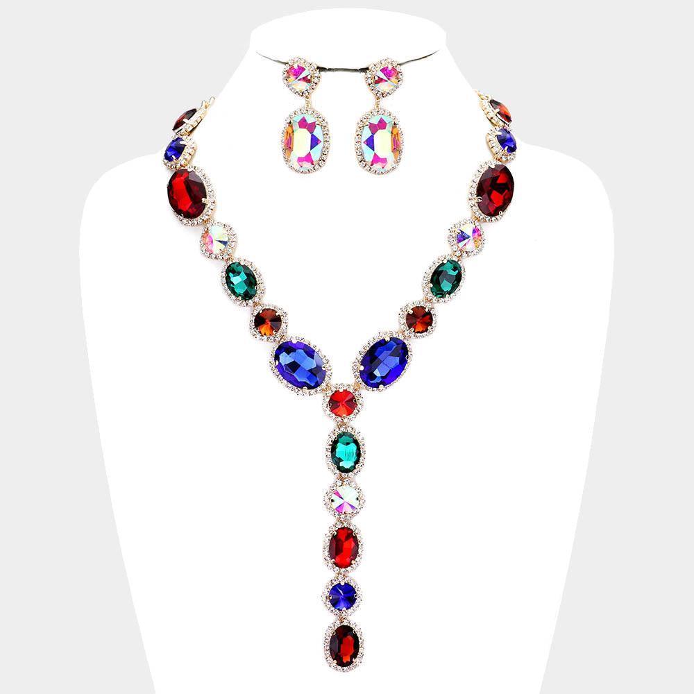 Gold Glass Crystal Rhinestone Y Evening Necklace - Jewelry Store by Erik Rayo