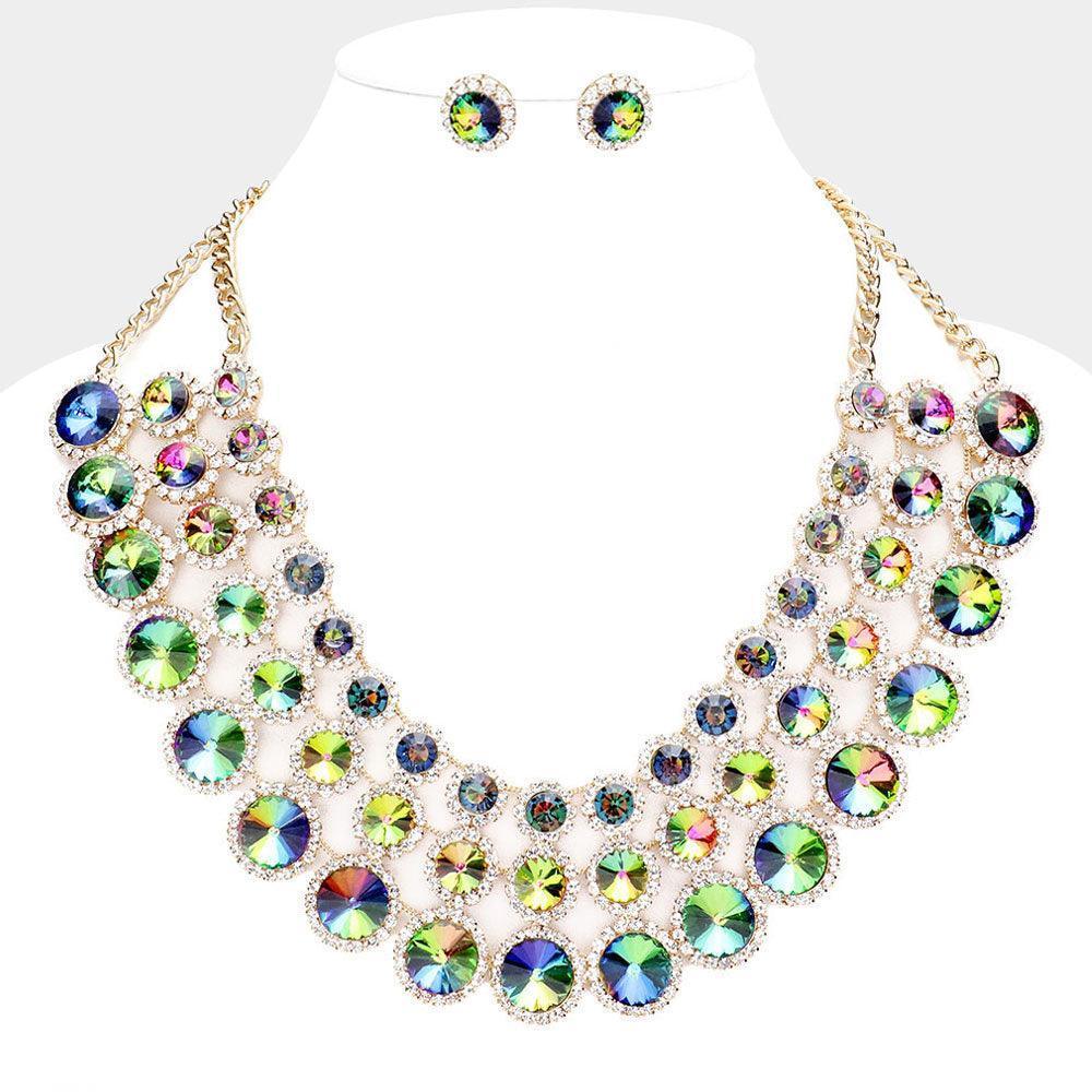 Gold Crystal Pave Trim Round Evening Necklace