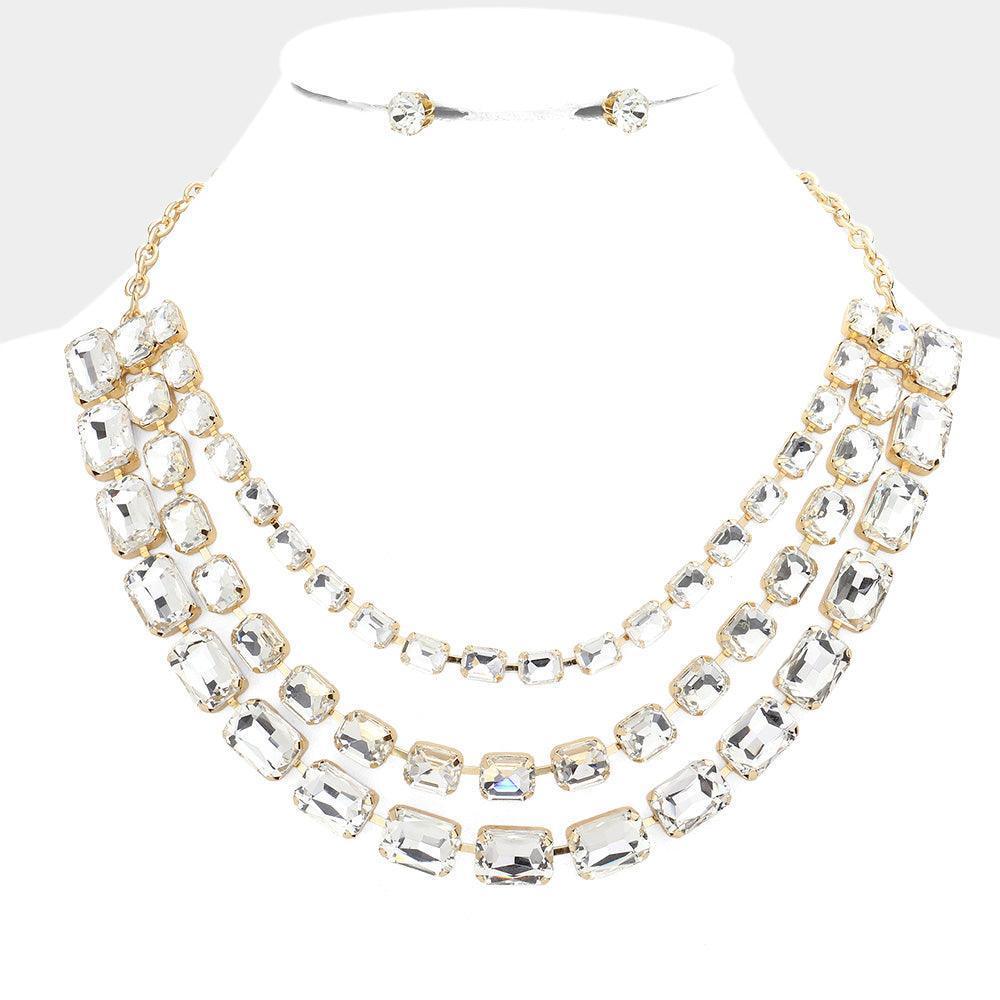 Gold Emerald Cut Stone Triple Layered Bib Necklace - Jewelry Store by Erik Rayo