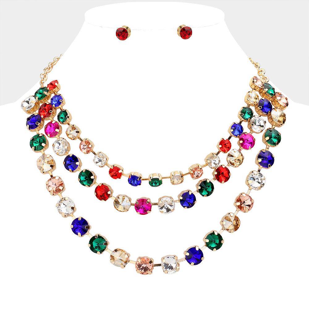 Gold Round Stone Triple Layered Bib Necklace