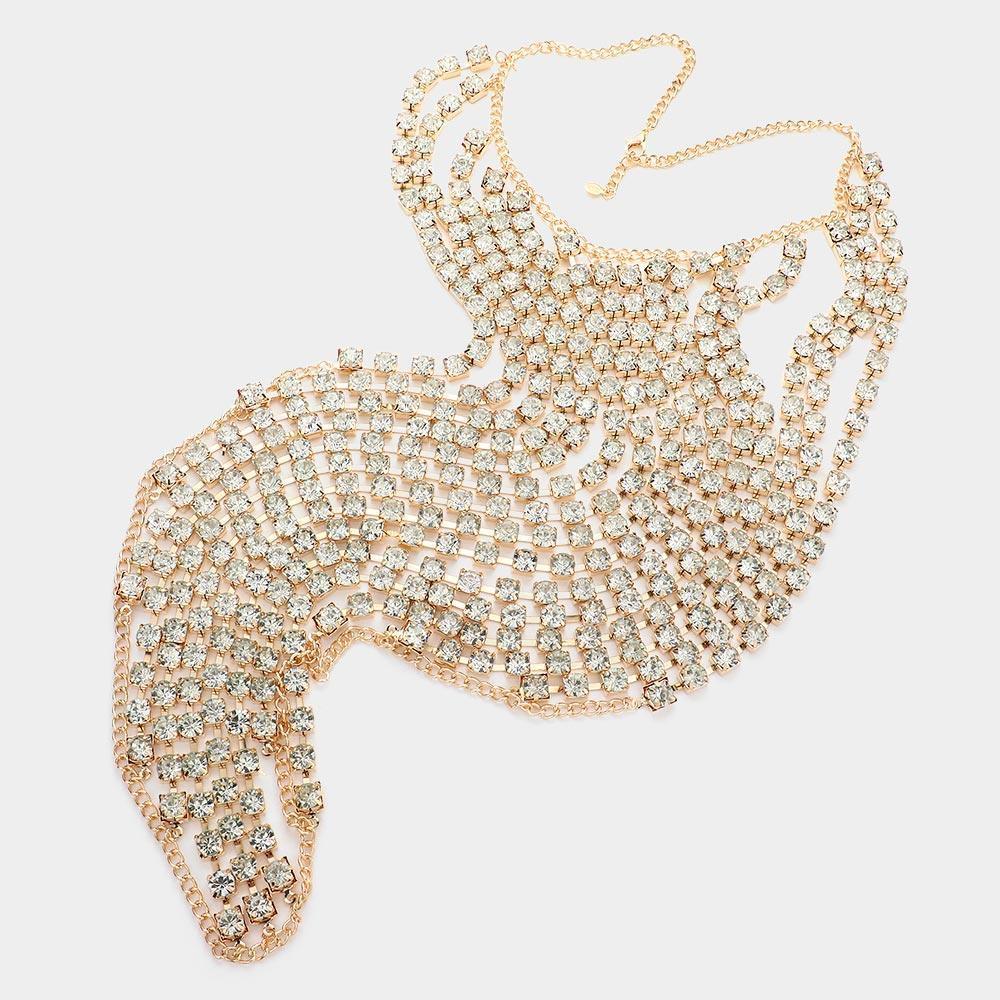Gold Draped Round Stone Fringe Statement Evening Necklace - Jewelry Store by Erik Rayo