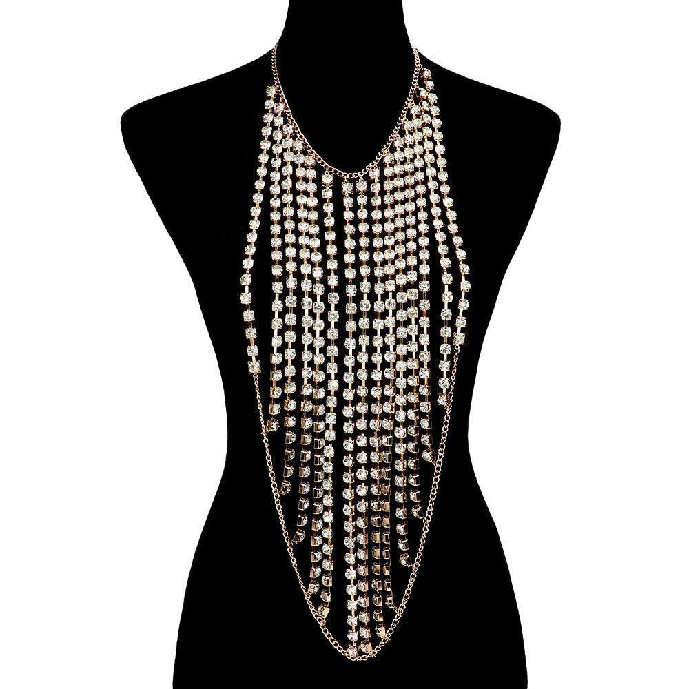 Gold Draped Round Stone Fringe Statement Evening Necklace - Jewelry Store by Erik Rayo