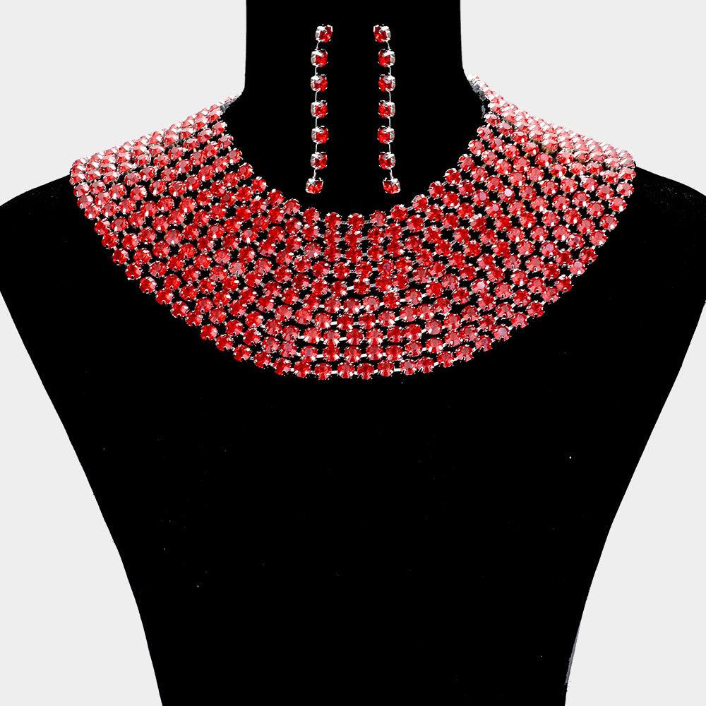 Red Glass Crystal Statement Bib Evening Necklace