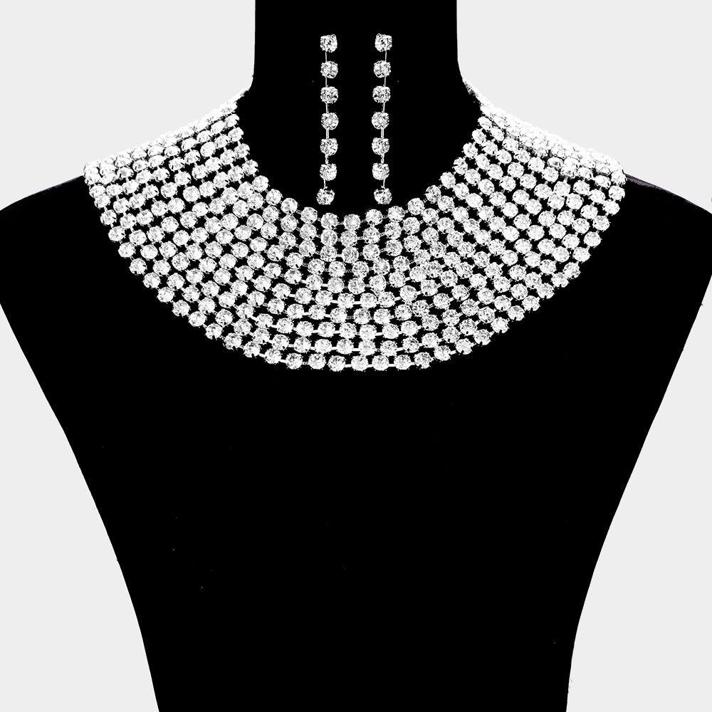 Clear Glass Crystal Statement Bib Evening Necklace