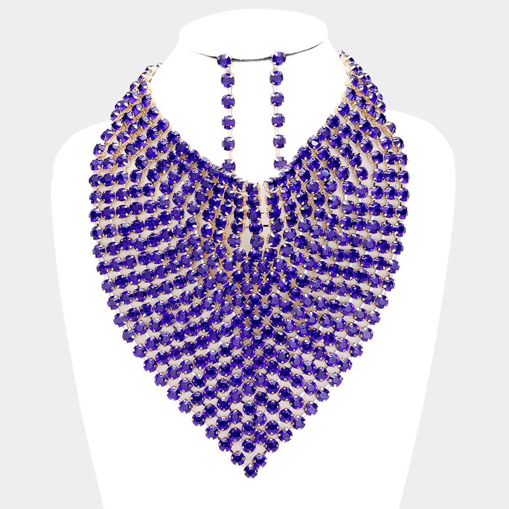 Blue Round Stone Statement Bib Evening Necklace