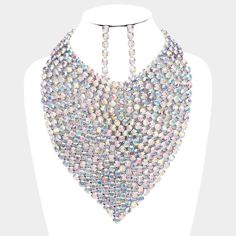 Clear Round Stone Statement Bib Evening Necklace