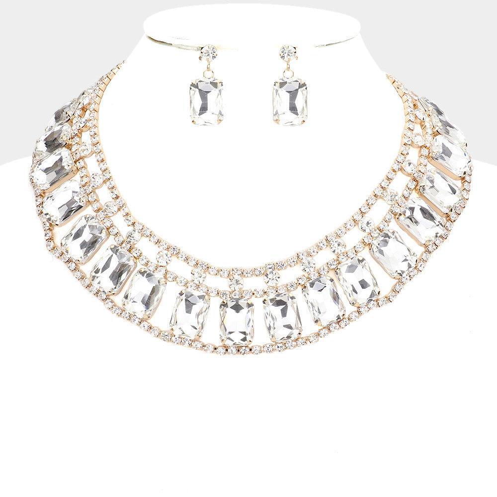 Gold Emerald Cut Stone Accented Collar Evening Necklace - Jewelry Store by Erik Rayo