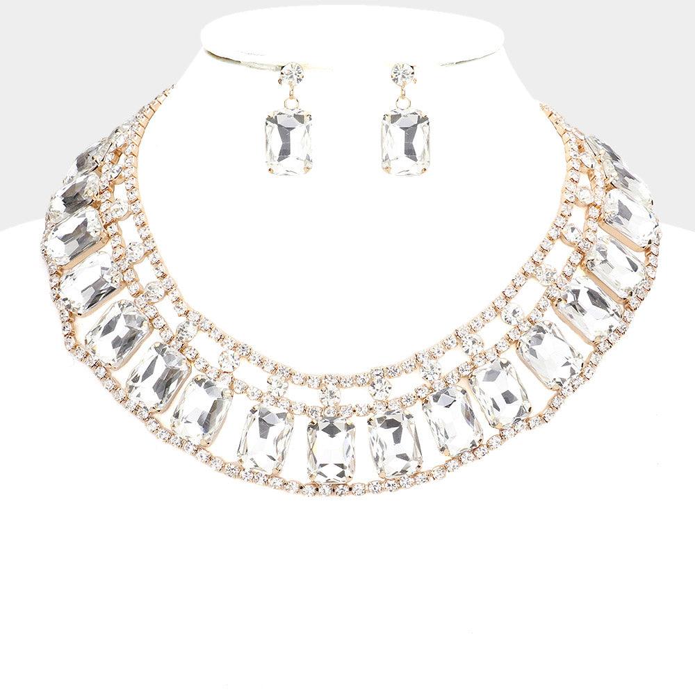 Gold Emerald Cut Stone Accented Collar Evening Necklace