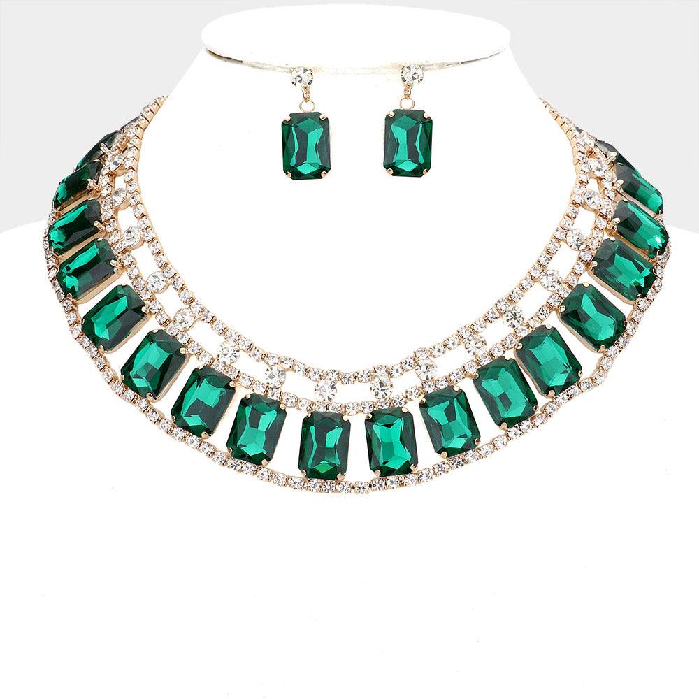 Emerald Emerald Cut Stone Accented Collar Evening Necklace