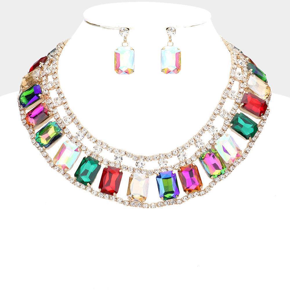 Gold Emerald Cut Stone Accented Collar Evening Necklace - Jewelry Store by Erik Rayo