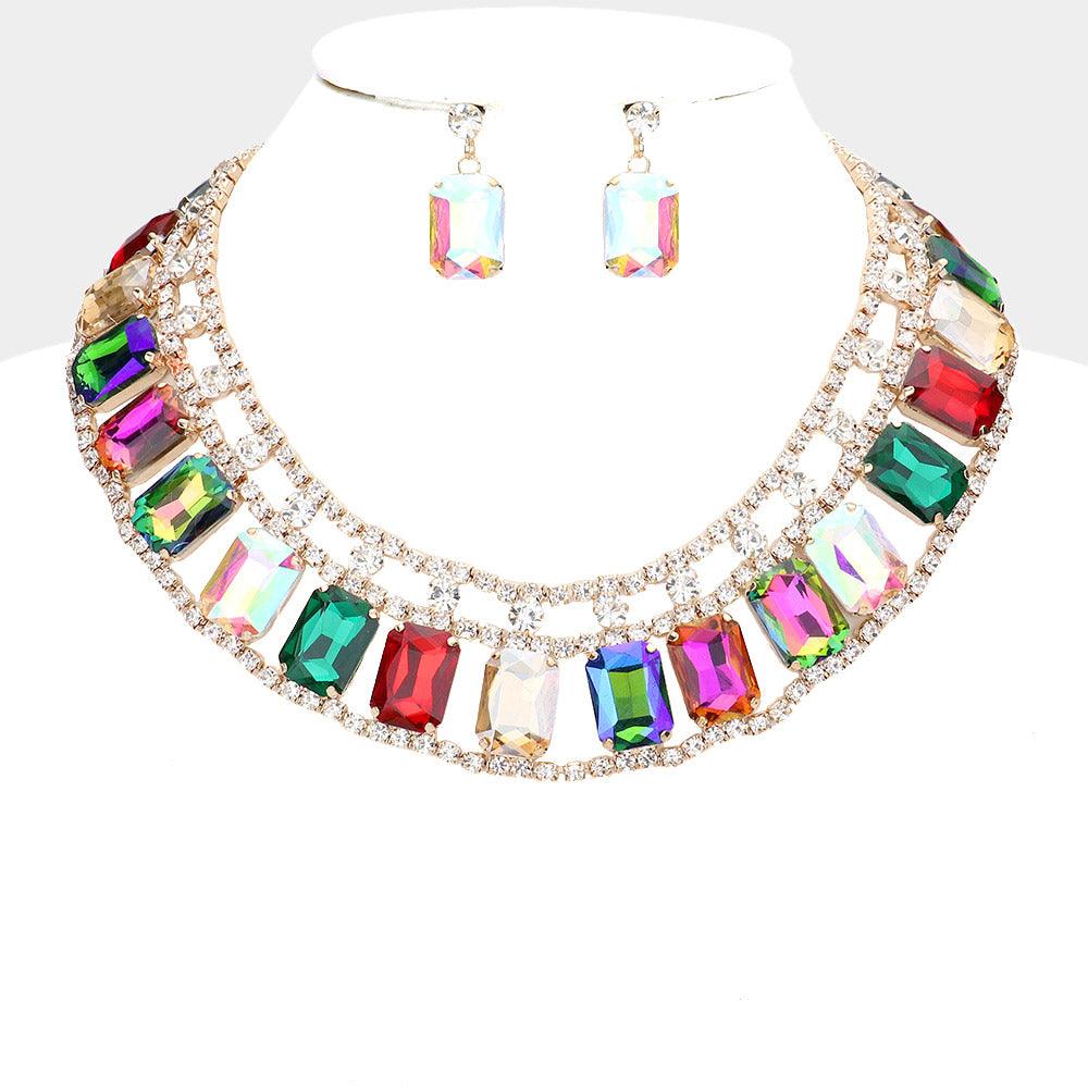 Gold Emerald Cut Stone Accented Collar Evening Necklace