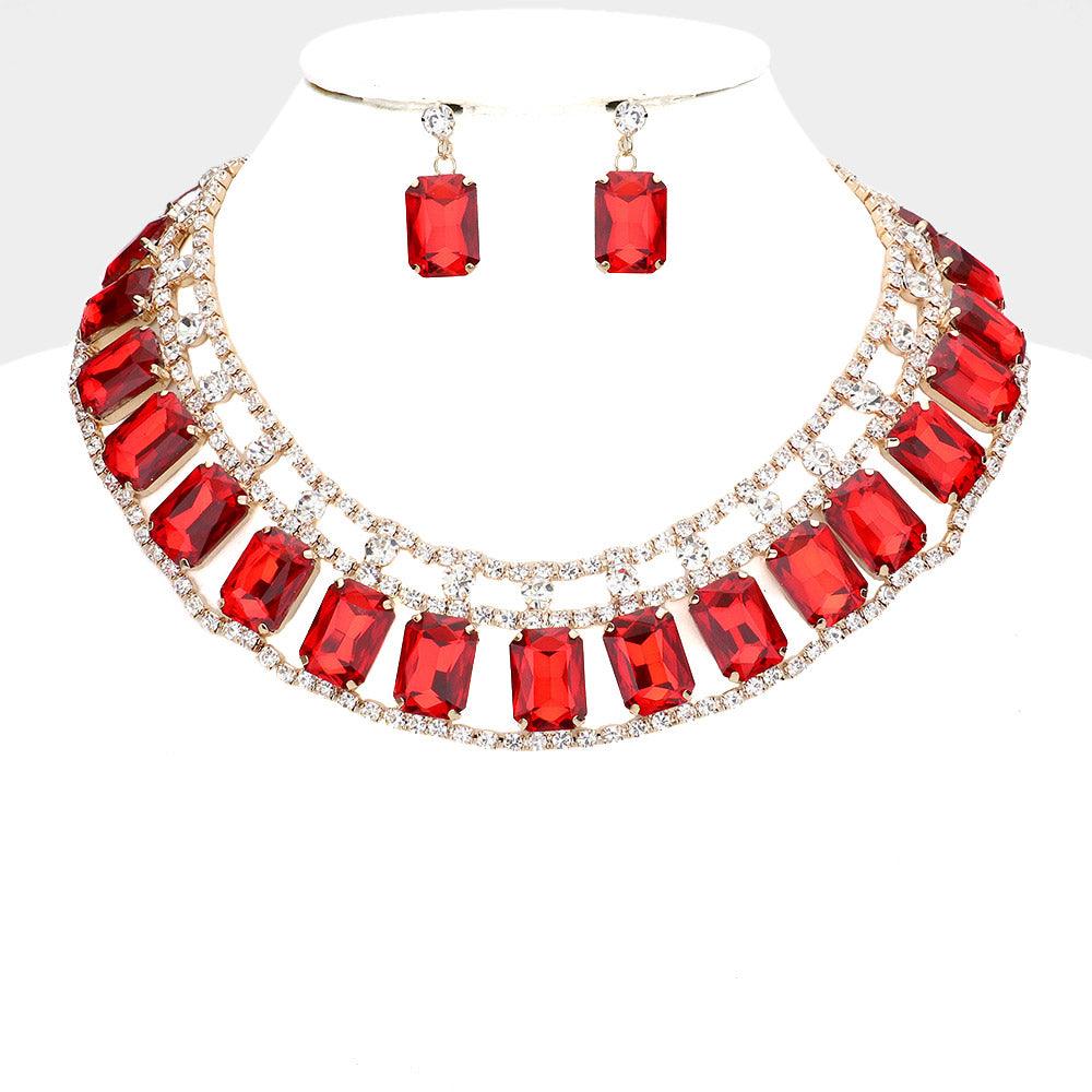 Emerald Cut Stone Accented Collar Evening Necklace