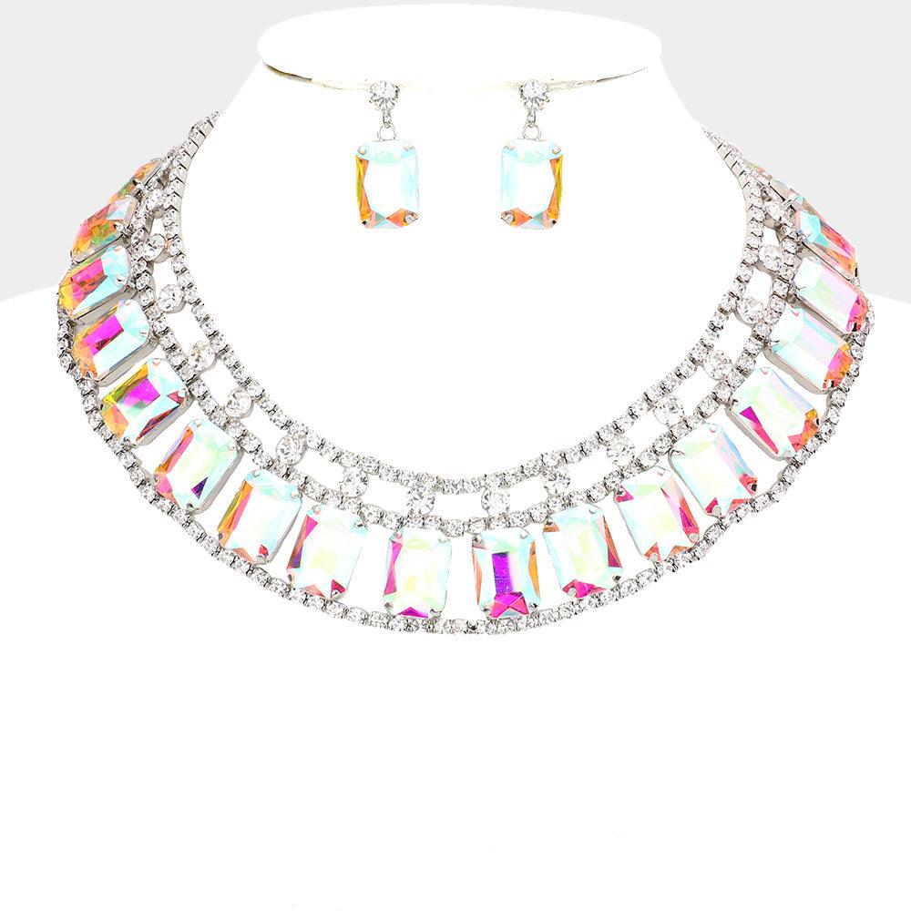 Emerald Cut Stone Accented Collar Evening Necklace