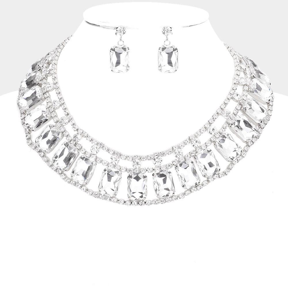 Emerald Cut Stone Accented Collar Evening Necklace