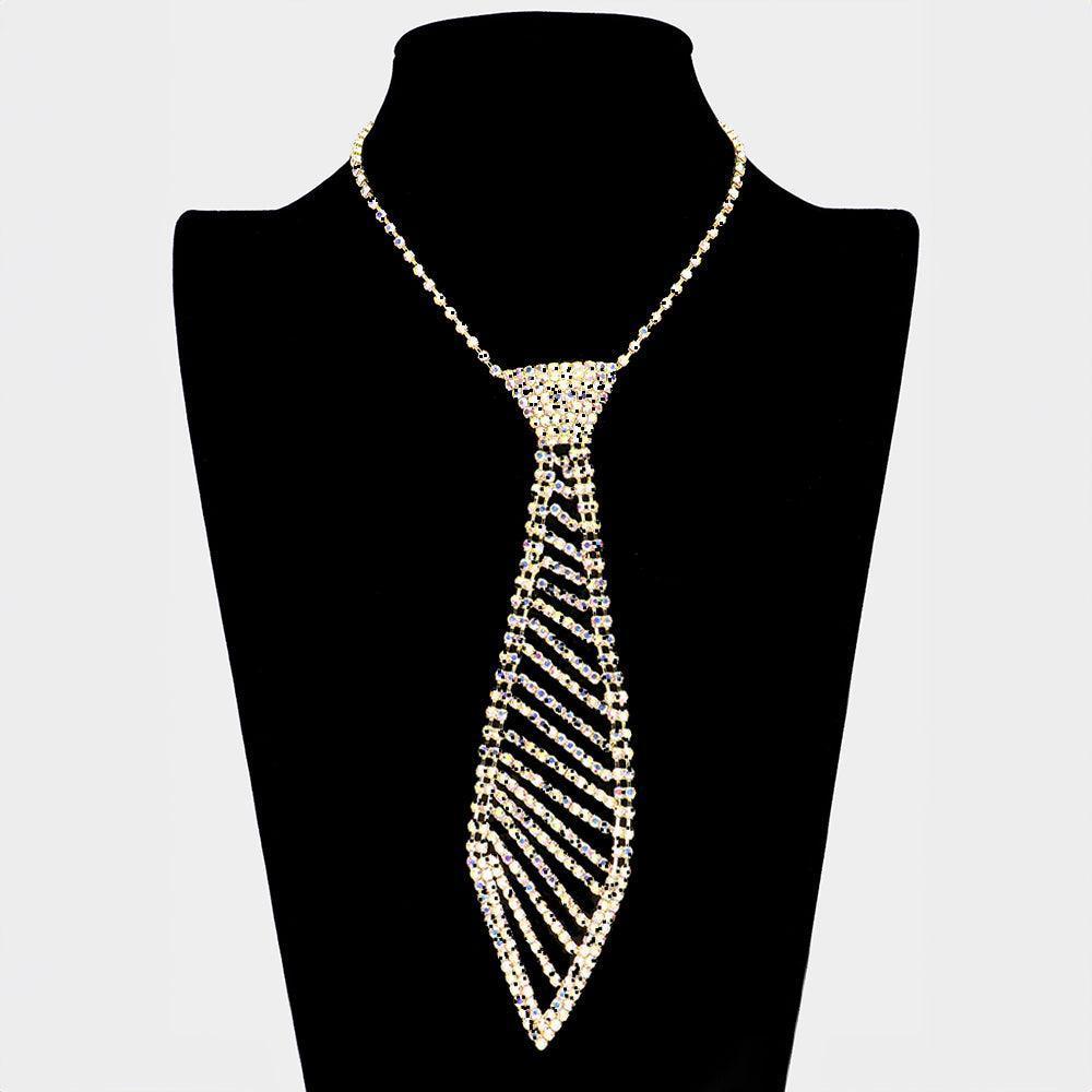 Gold Rhinestone Paved Tie Shaped Evening Necklace - Jewelry Store by Erik Rayo