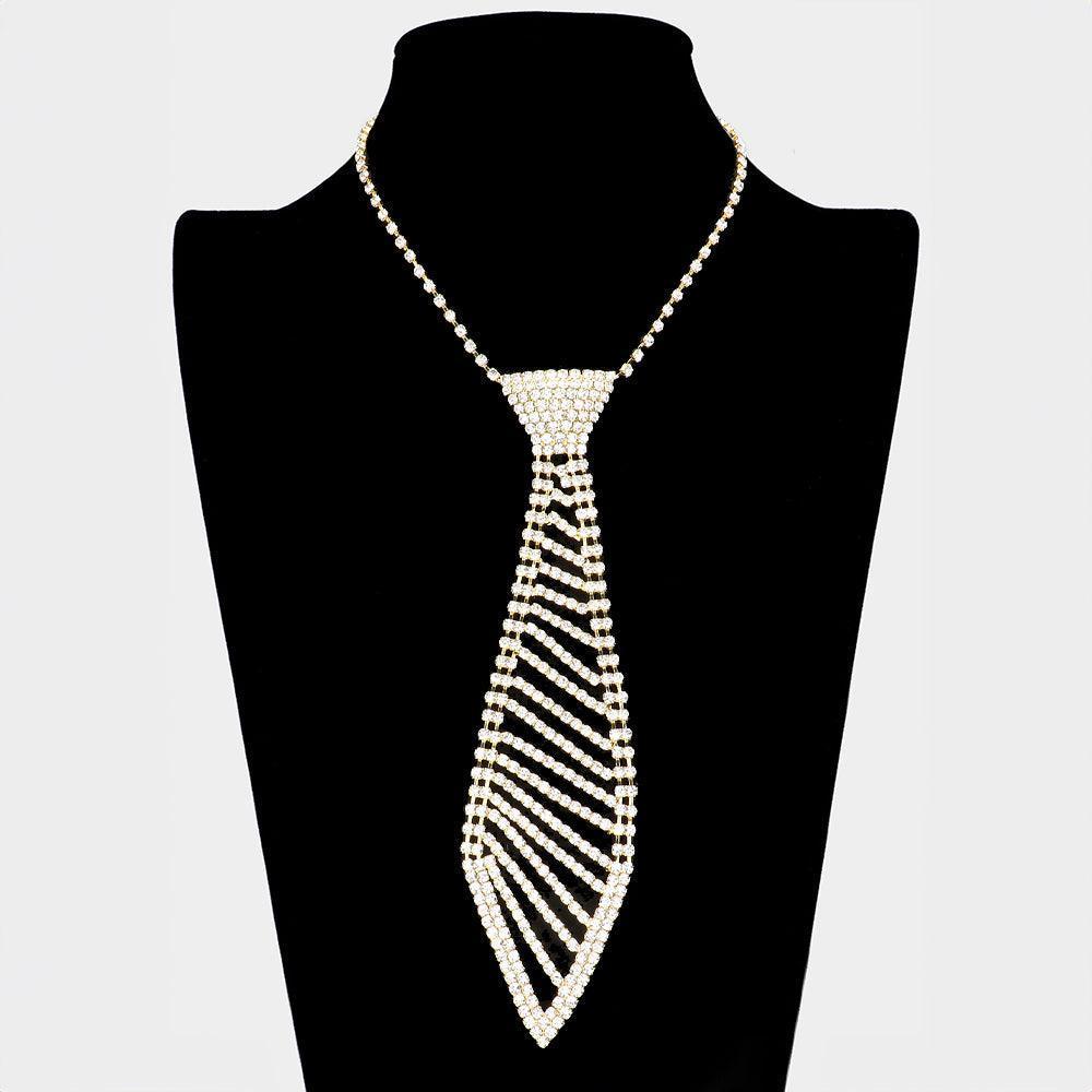 Gold Rhinestone Paved Tie Shaped Evening Necklace - Jewelry Store by Erik Rayo