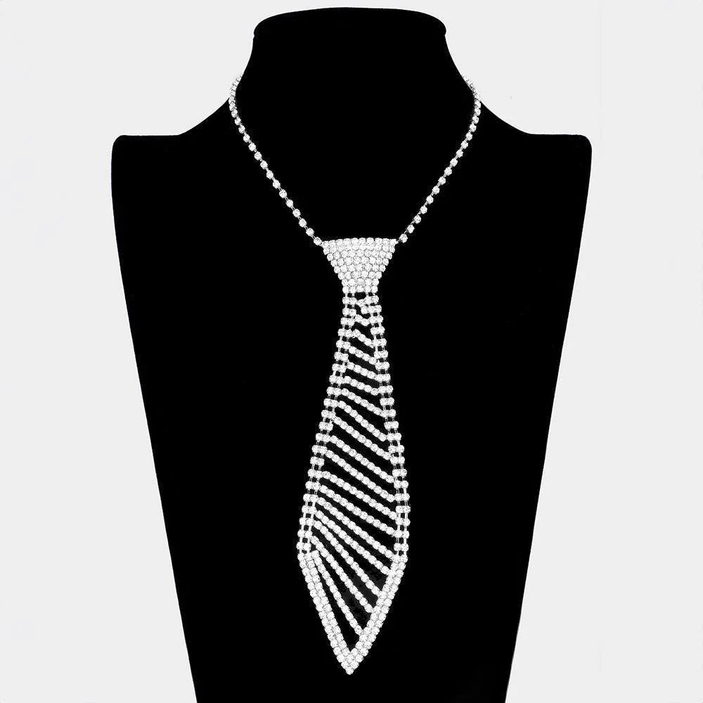 Silver Rhinestone Paved Tie Shaped Evening Necklace - Jewelry Store by Erik Rayo