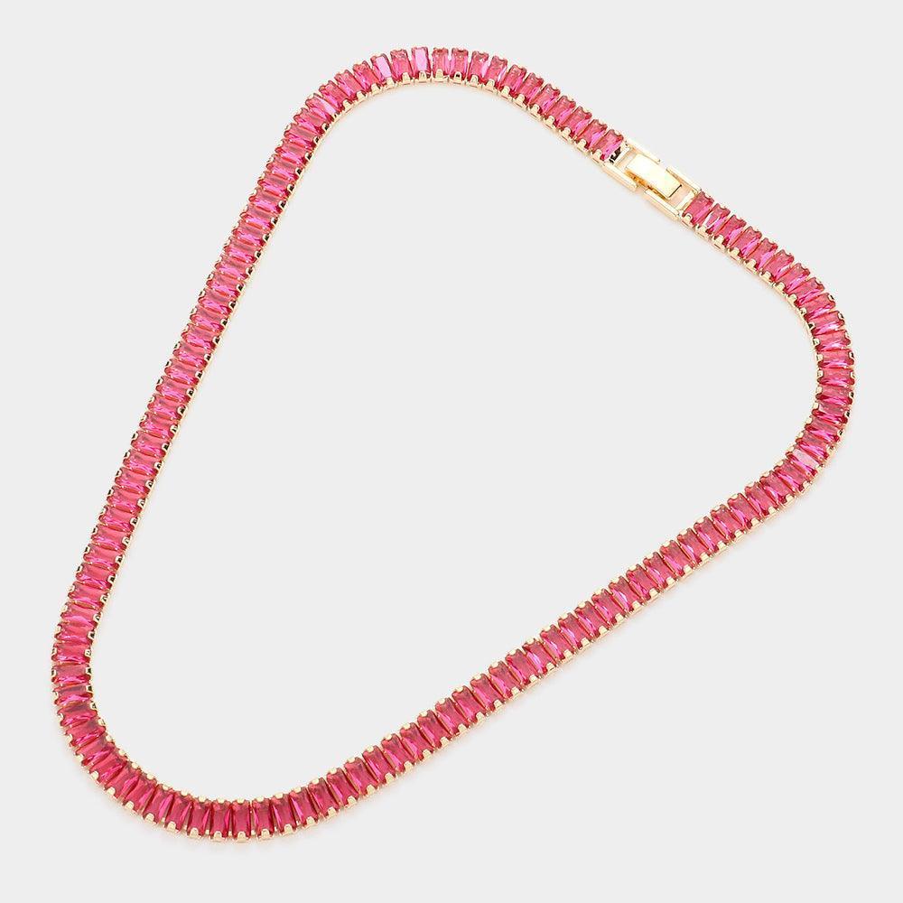 Fuchsia Baguette Stone Cluster Evening Necklace - Jewelry Store by Erik Rayo