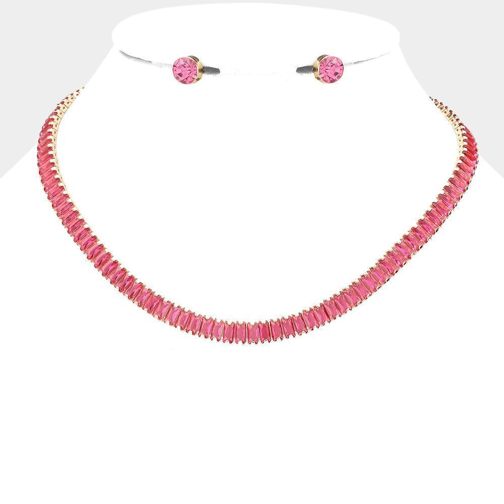 Fuchsia Baguette Stone Cluster Evening Necklace - Jewelry Store by Erik Rayo