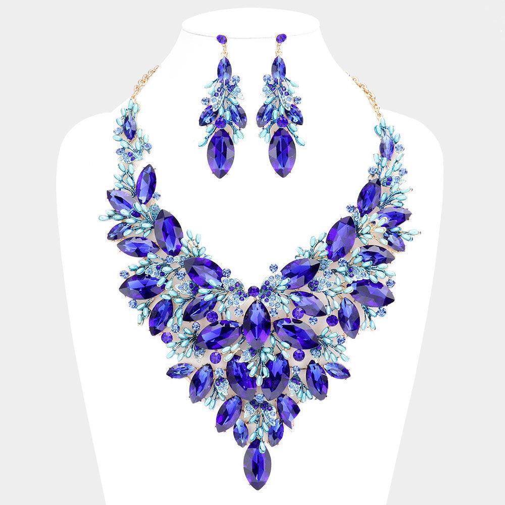Blue Marquise Stone Cluster Leaf Evening Necklace - Jewelry Store by Erik Rayo
