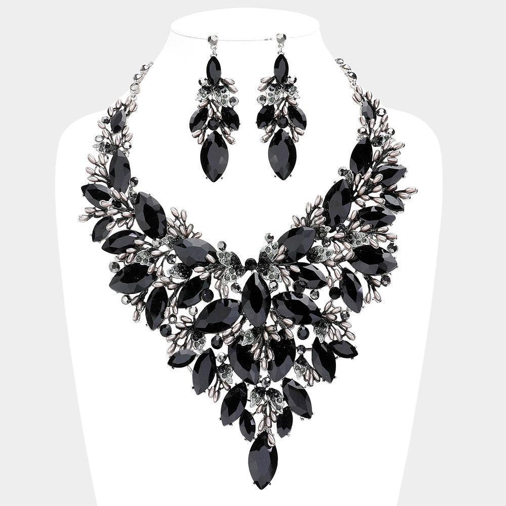Black Marquise Stone Cluster Leaf Evening Necklace - Jewelry Store by Erik Rayo