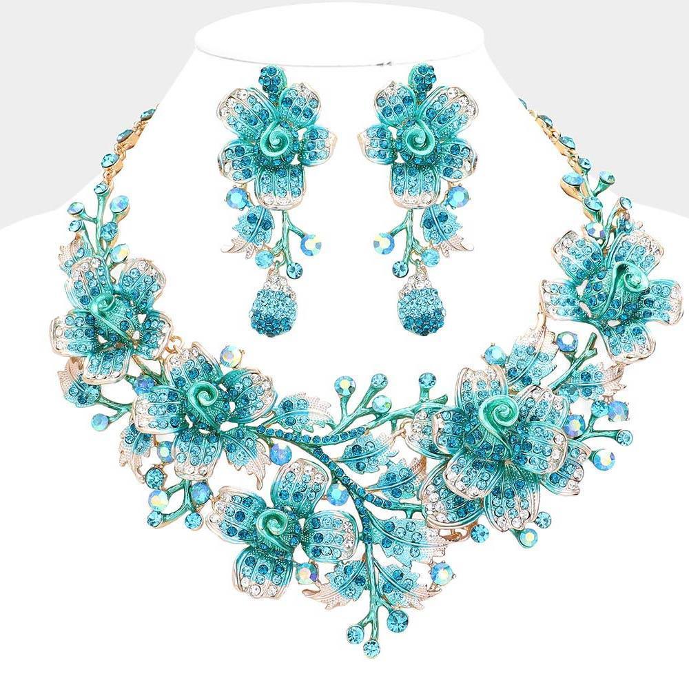 Blue Marquise Crystal Flower Leaf Evening Necklace - Jewelry Store by Erik Rayo