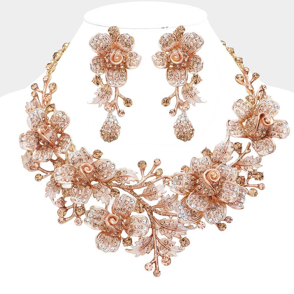 Gold Marquise Crystal Flower Leaf Evening Necklace