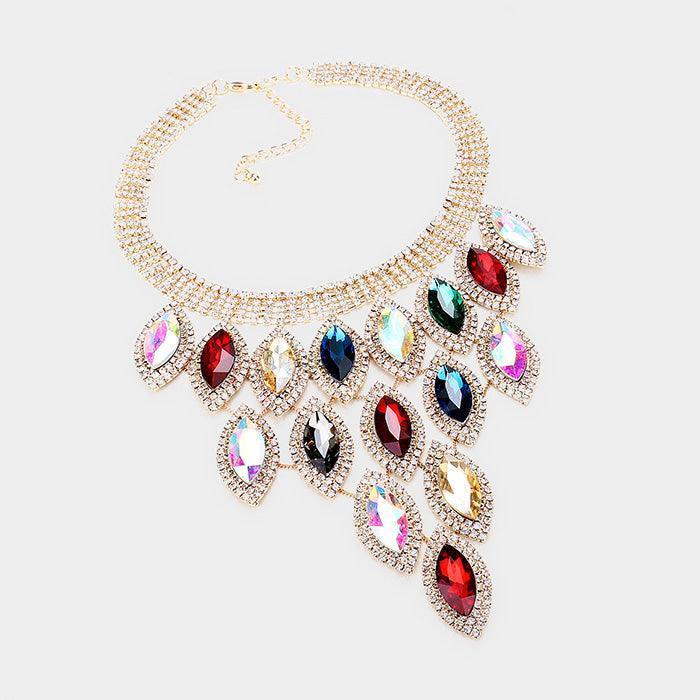 Gold Oval Stone Cluster Vine Necklace Rhinestone Paved - Jewelry Store by Erik Rayo