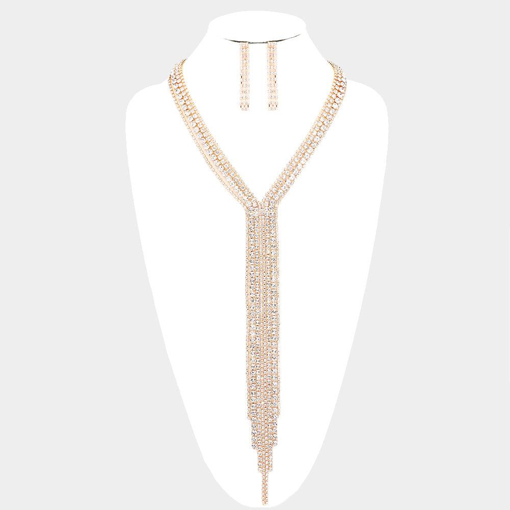 Gold 
Crystal Rhinestone Fringe Drop Evening Necklace