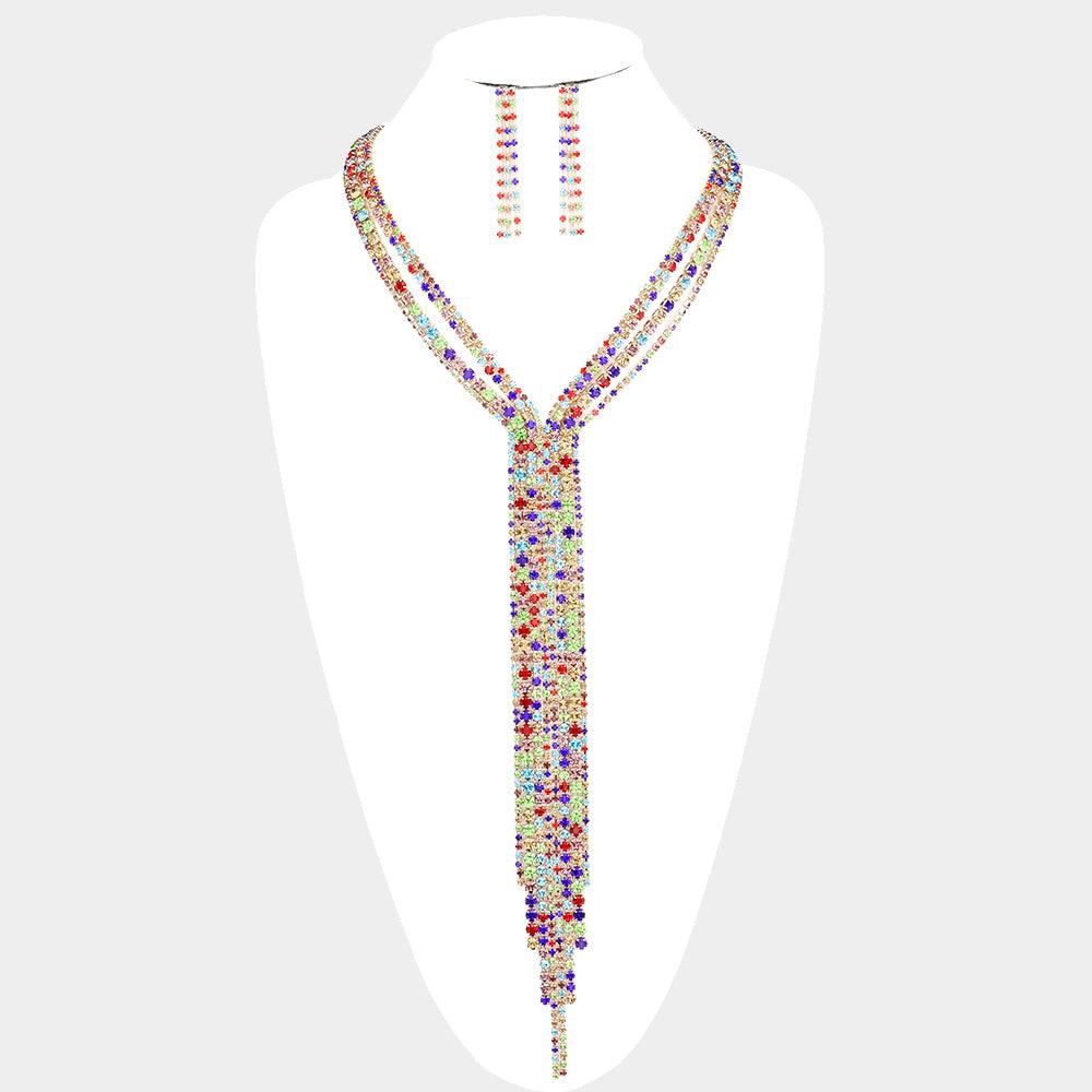 Gold 
Crystal Rhinestone Fringe Drop Evening Necklace