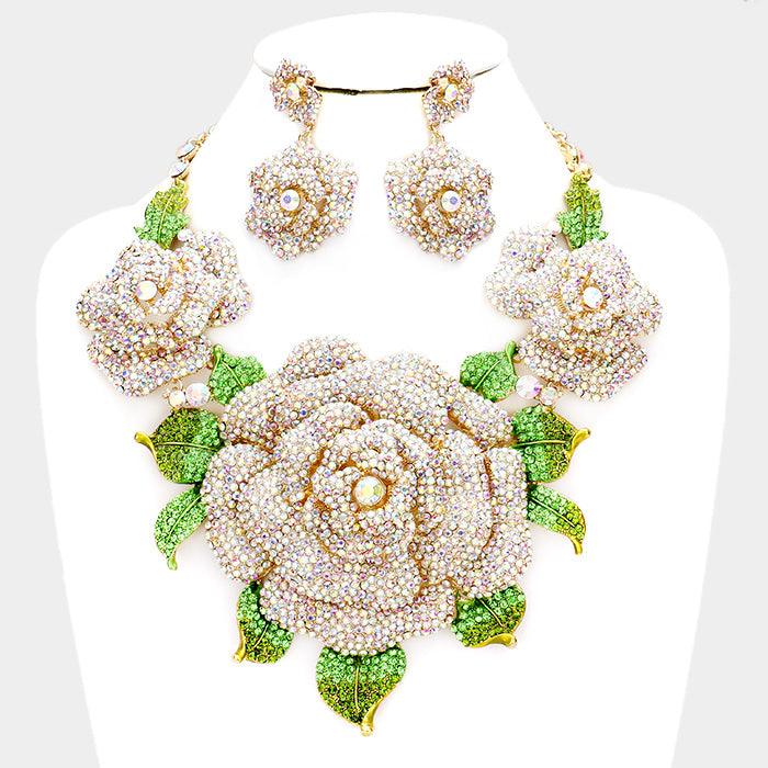 Gold Crystal Pave Rose Flower Accented Evening Necklace