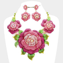 Load image into Gallery viewer, Gold Crystal Pave Rose Flower Accented Evening Necklace
