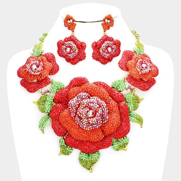 Red Crystal Pave Rose Flower Accented Evening Necklace