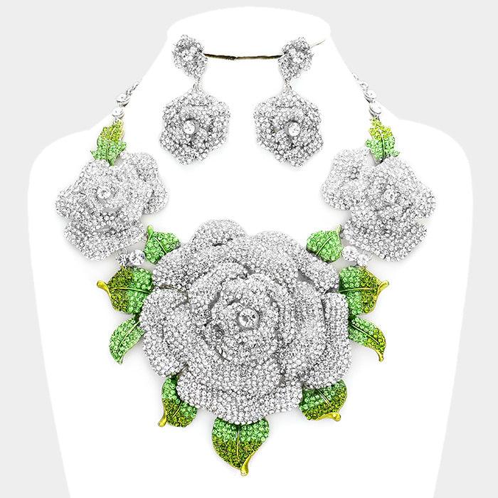 Clear Crystal Pave Rose Flower Accented Evening Necklace