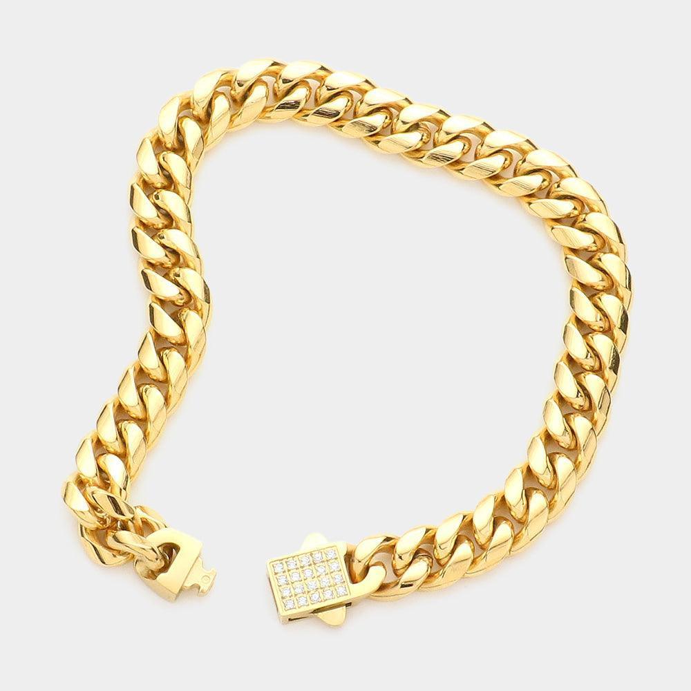 Gold Stainless Steel CZ Embellished Metal Chain Link Bracelet - Jewelry Store by Erik Rayo