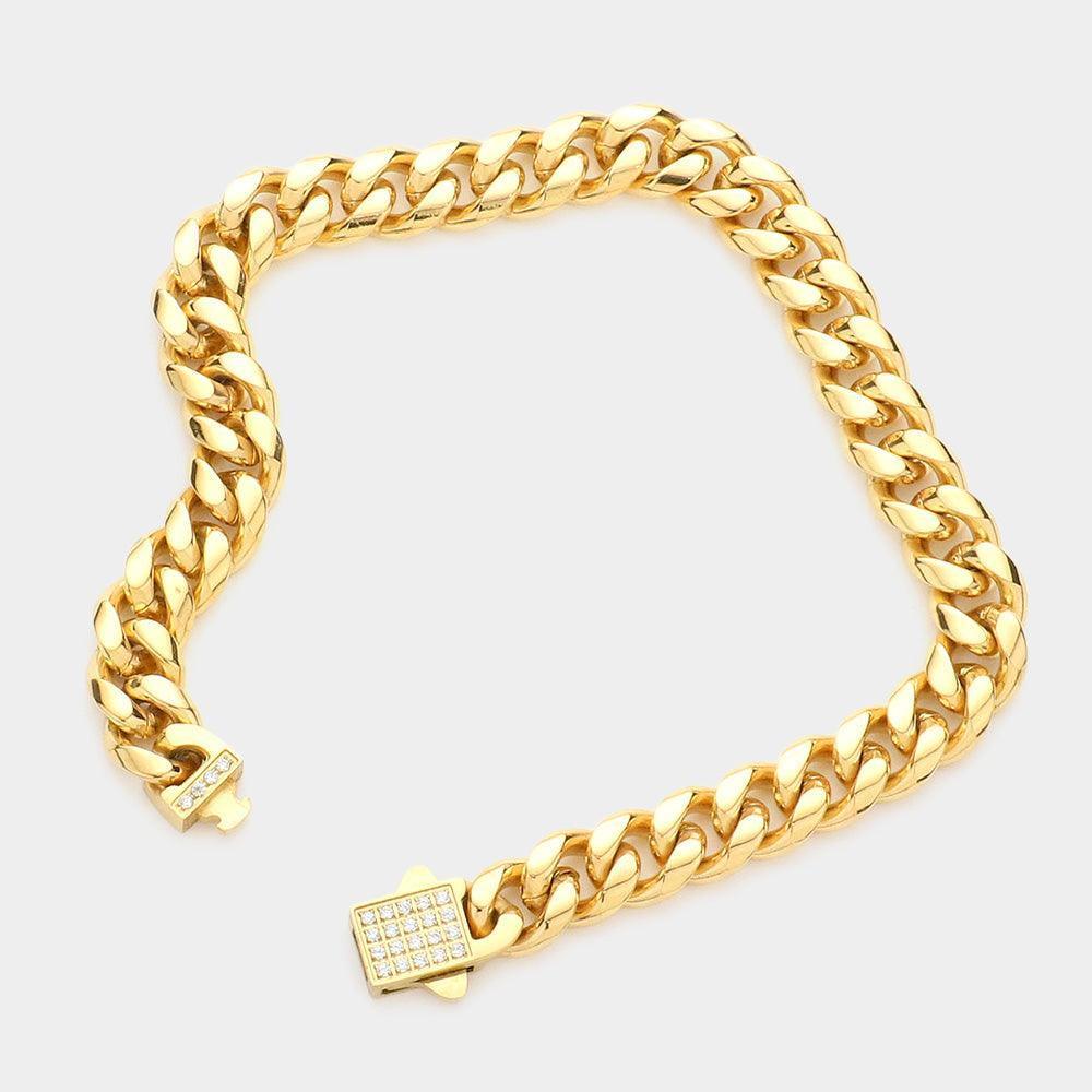 Gold Stainless Steel CZ Embellished Metal Chain Link Bracelet - Jewelry Store by Erik Rayo