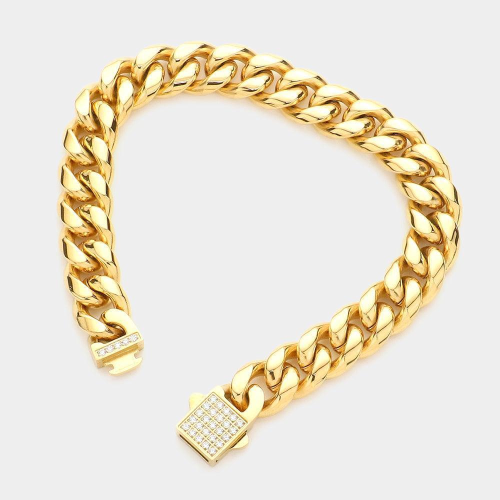 Gold Stainless Steel CZ Embellished Metal Chain Link Bracelet - Jewelry Store by Erik Rayo