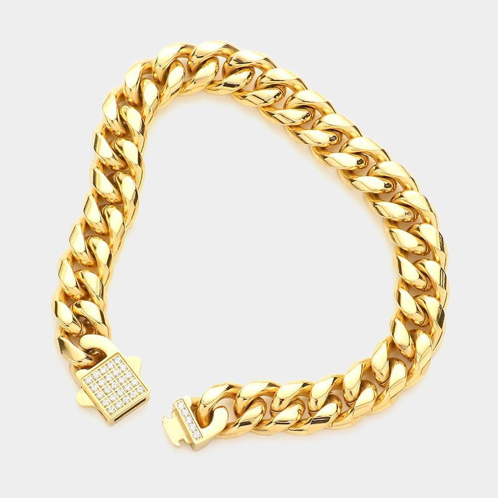 Gold Stainless Steel CZ Embellished Metal Chain Link Bracelet - Jewelry Store by Erik Rayo
