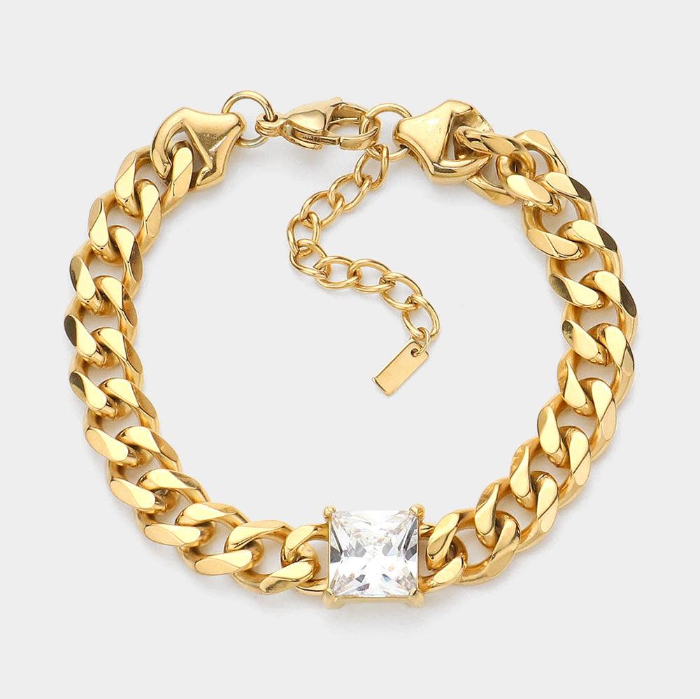 Gold 18K Gold Dipped Stainless Steel CZ Square Stone Accented Chain Link Bracelet