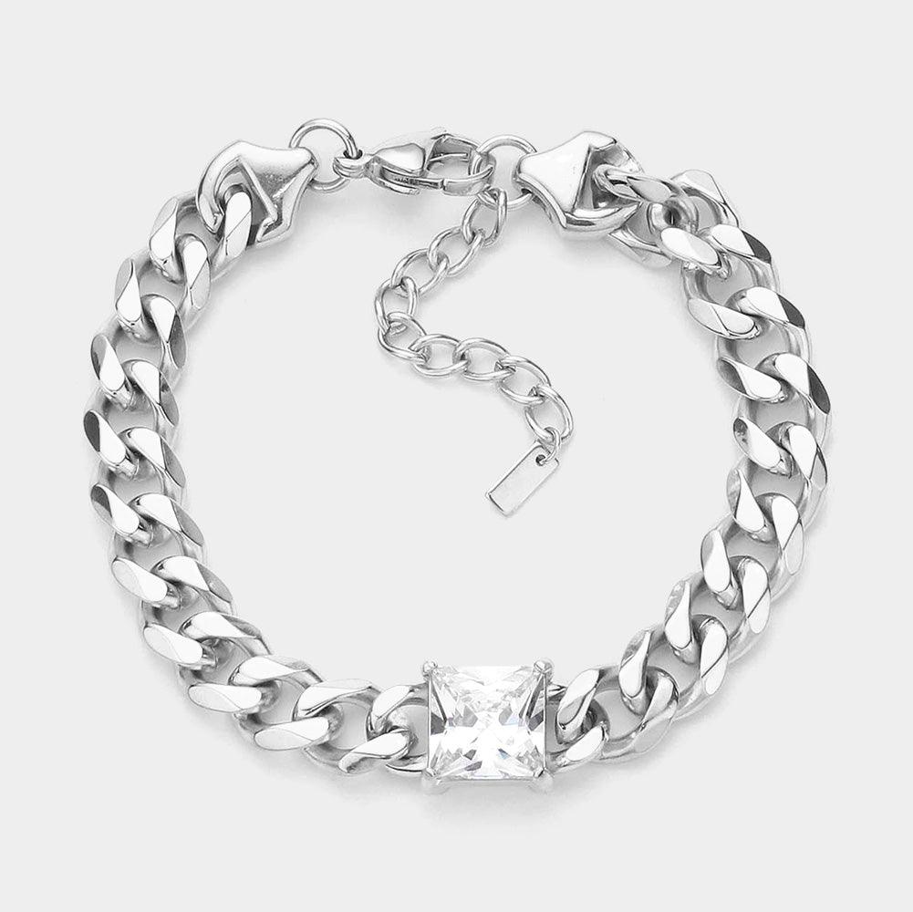 Stainless Steel CZ Square Stone Accented Chain Link Bracelet
