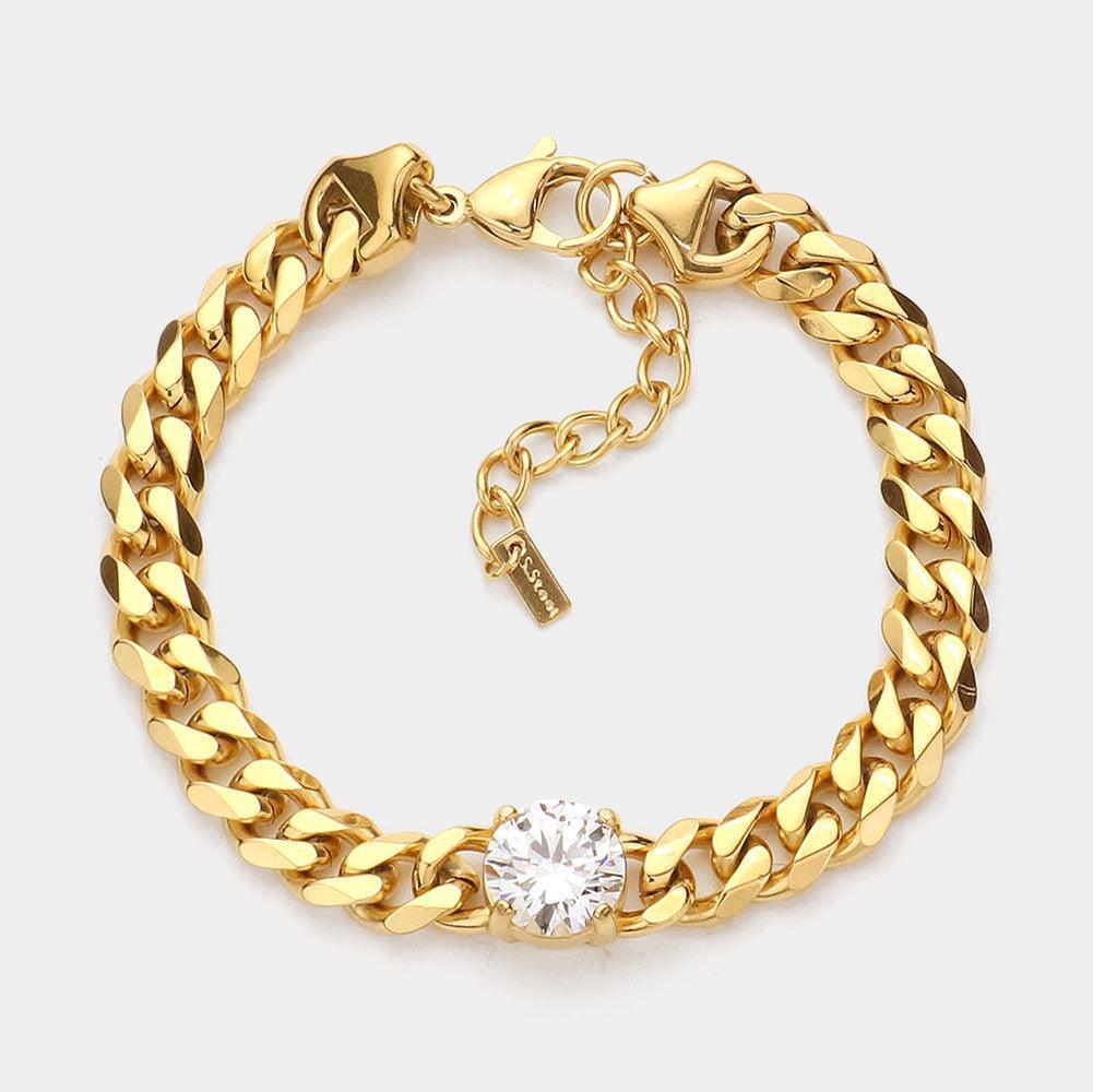 Gold 18K Gold Dipped Stainless Steel CZ Round Stone Accented Chain Link Bracelet - Jewelry Store by Erik Rayo