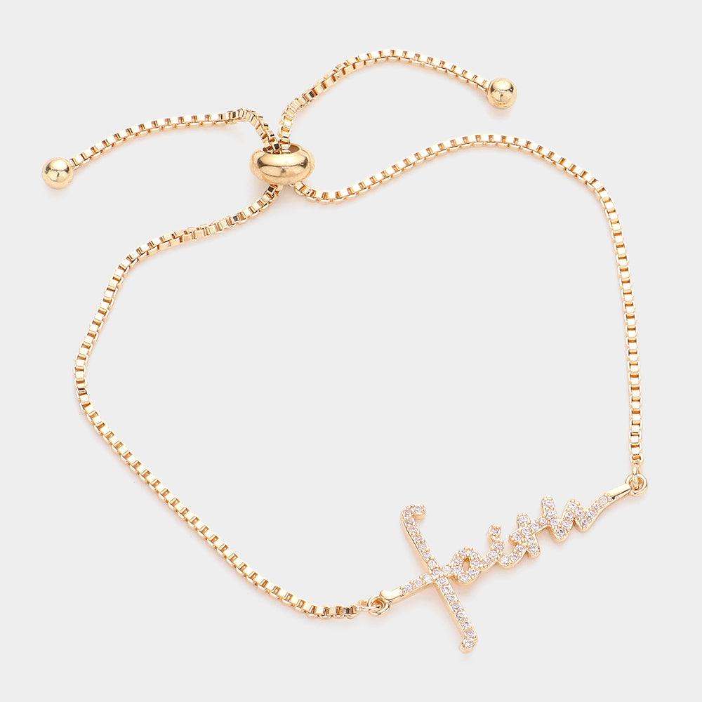 Gold Faith CZ Message Charm Pull Tie Cinch Bracelet