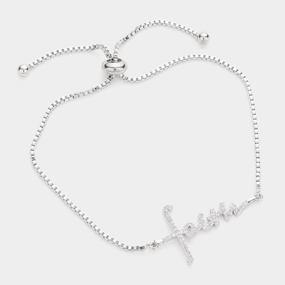 Silver Faith CZ Message Charm Pull Tie Cinch Bracelet