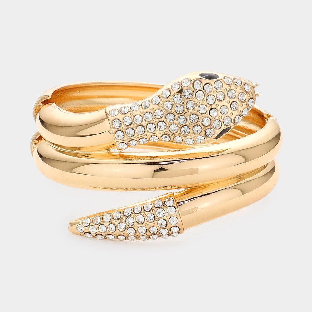 Gold Rhinestone Embellished Metal Snake Hinged Bracelet - Jewelry Store by Erik Rayo