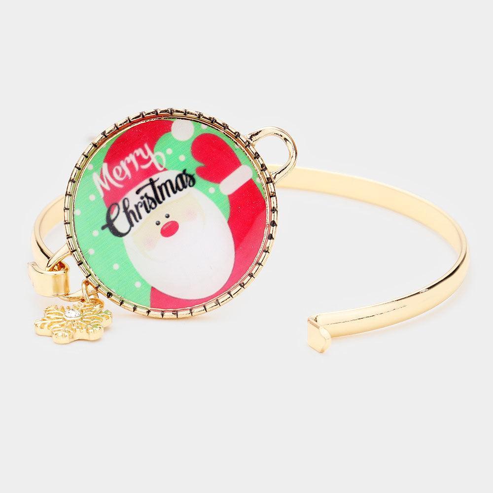 Gold Santa Claus Print Snowflake Charm Hinged Hook Bracelet - Jewelry Store by Erik Rayo