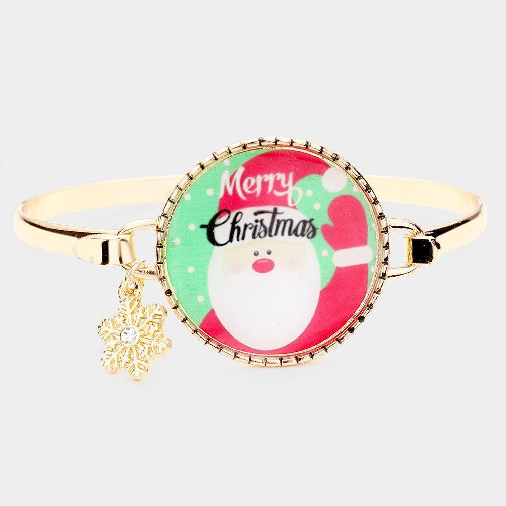 Gold Santa Claus Print Snowflake Charm Hinged Hook Bracelet - Jewelry Store by Erik Rayo