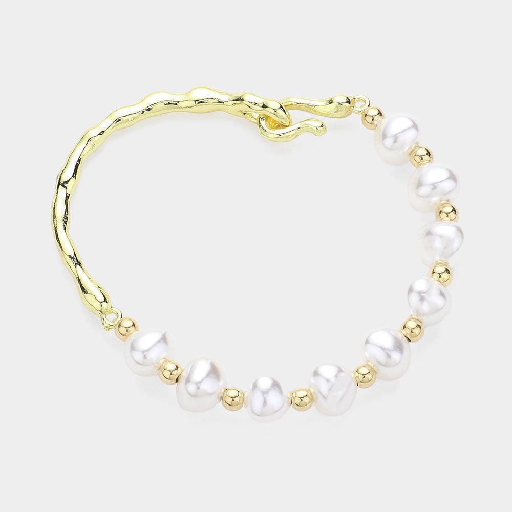 Cream Pearl Station Pointed Hammered Metal Bracelet - Jewelry Store by Erik Rayo