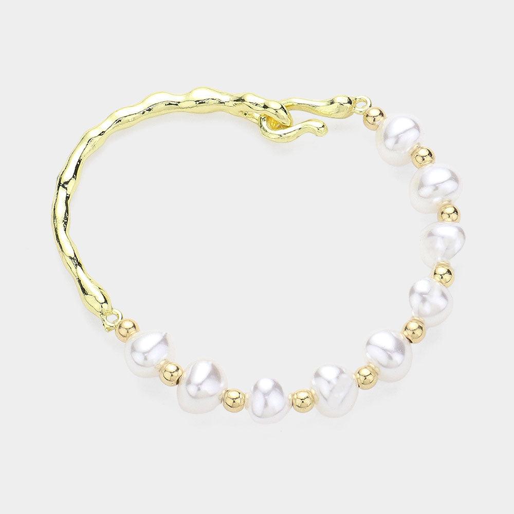 Cream Pearl Station Pointed Hammered Metal Bracelet