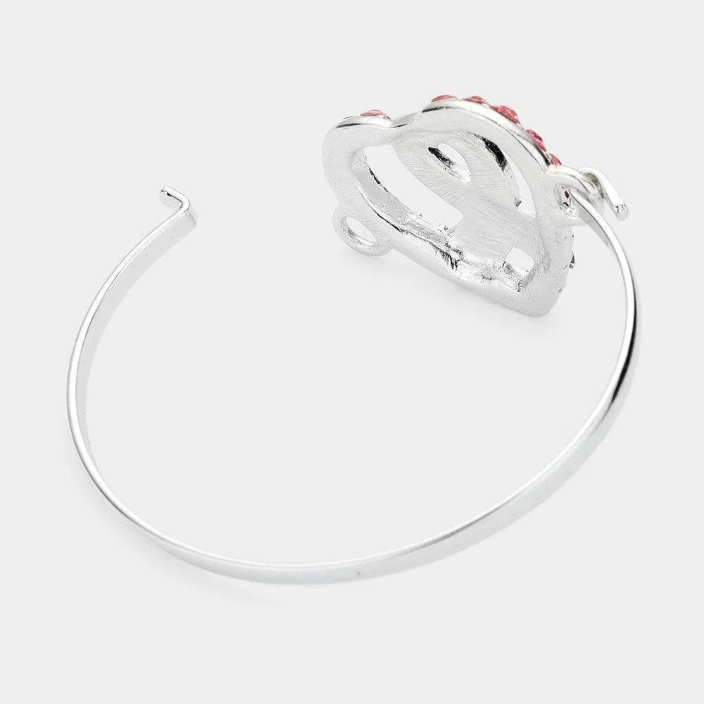 Pink Enamel Pink Ribbon Centered Stone Embellished Open Heart Hook Bracelet - Jewelry Store by Erik Rayo