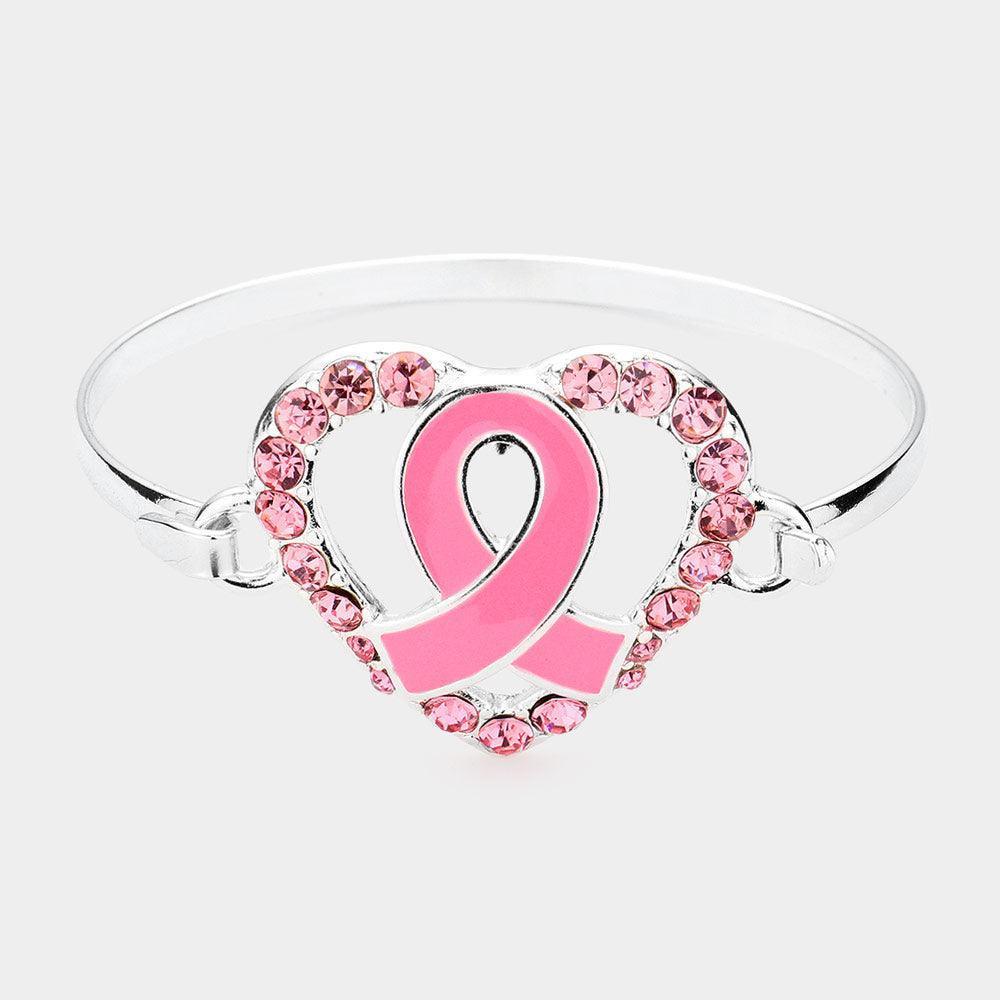Pink Enamel Pink Ribbon Centered Stone Embellished Open Heart Hook Bracelet - Jewelry Store by Erik Rayo